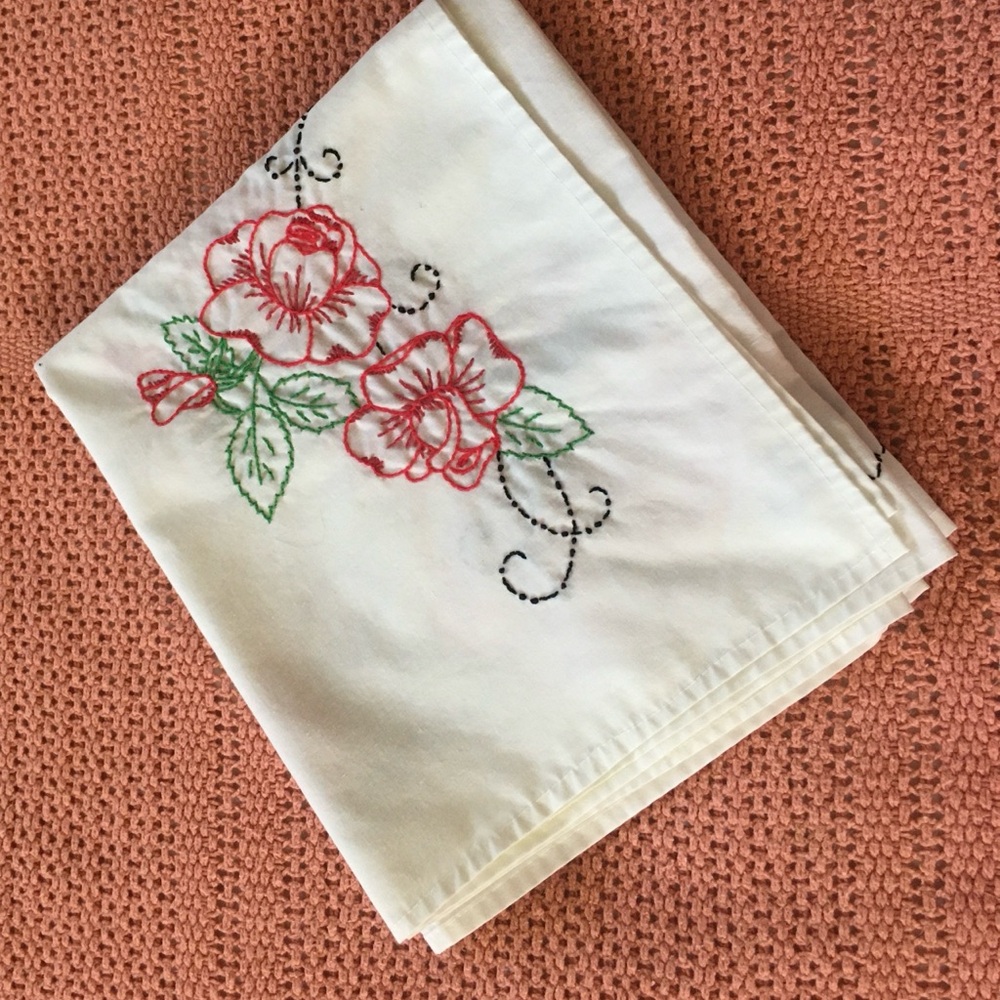 Vintage Floral Embroidered White table runner or dresser scarf
